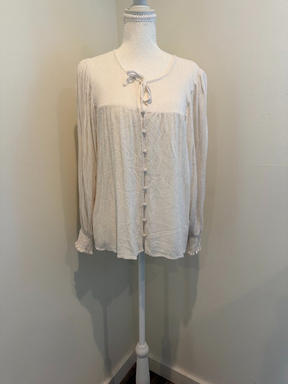 Z Supply Cream Ivory Boho Peasant Blouse - Long Sleeve Tie Neck, Size S